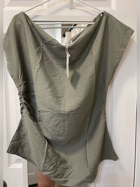 Mango Draped V-Neck Blouse in Olive